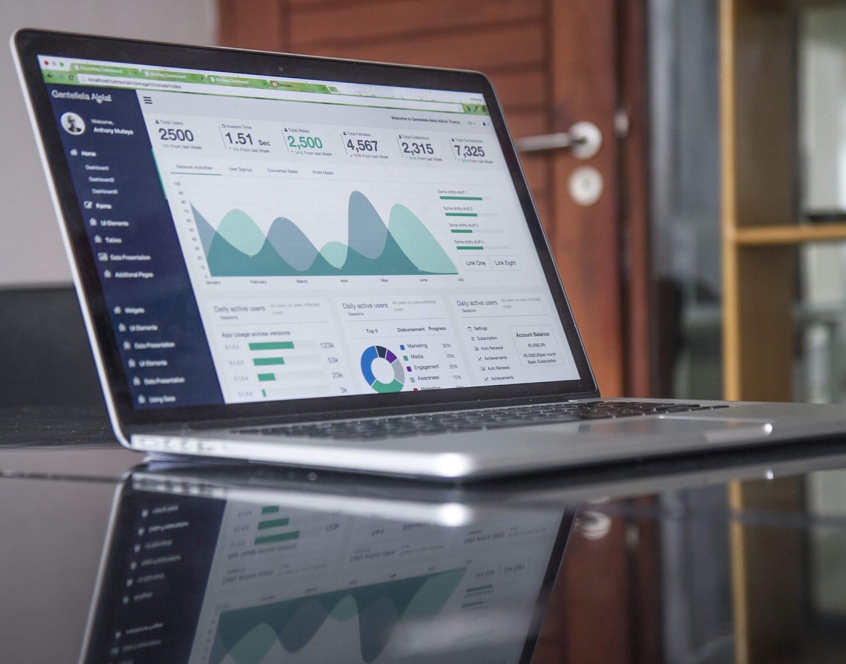 A laptop with a graph on the screen is sitting on a table.
