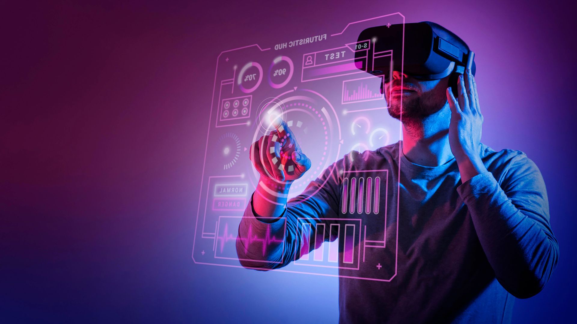 A person wearing a VR headset interacts with a glowing, digital holographic interface against a purple and blue background.