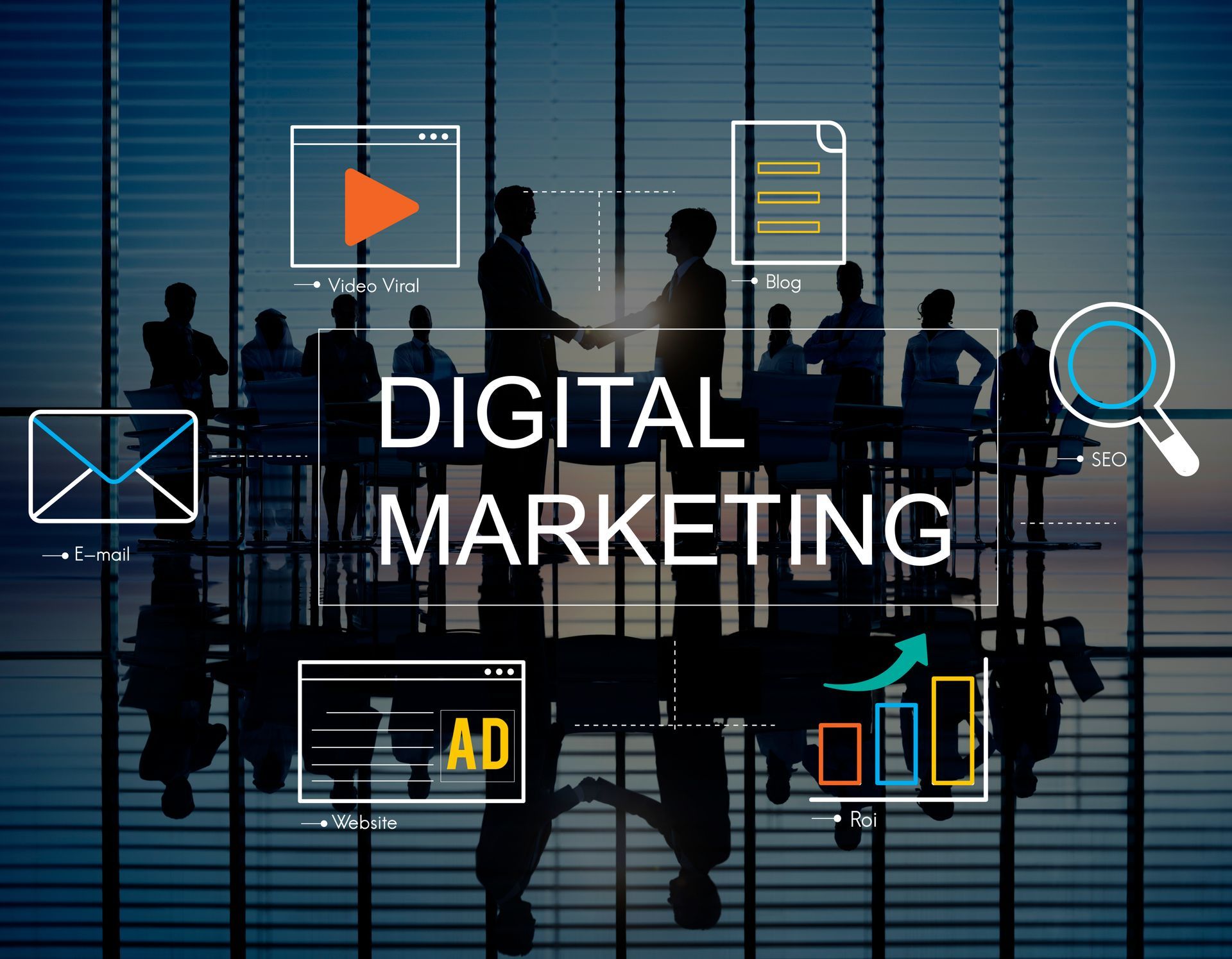 Silhouettes of people in a digital marketing meeting room overlaid with icons representing digital marketing channels and data analysis.