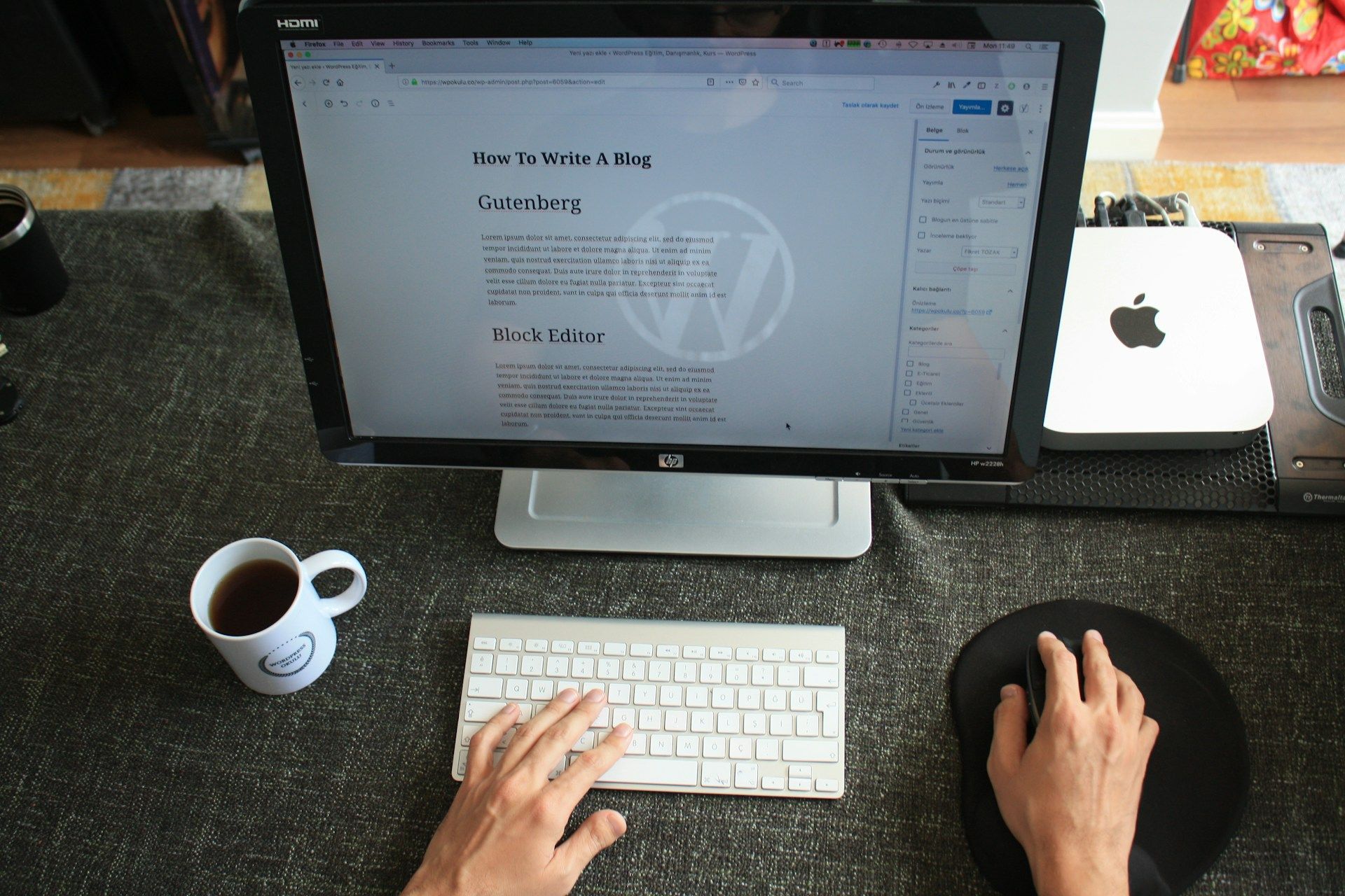 A person is typing on a keyboard in front of an hp computer