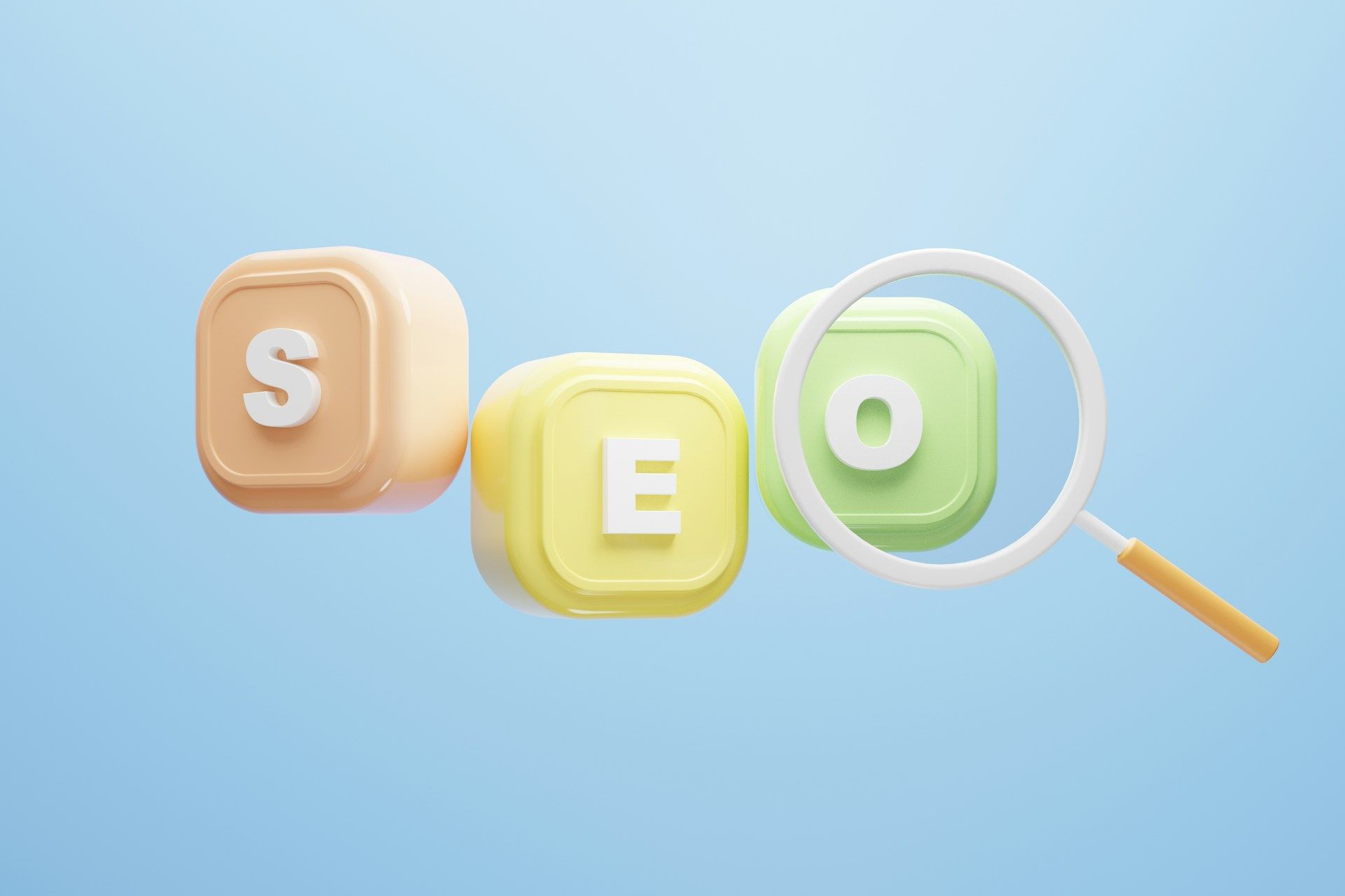 The word seo is written on a blue background with a magnifying glass.