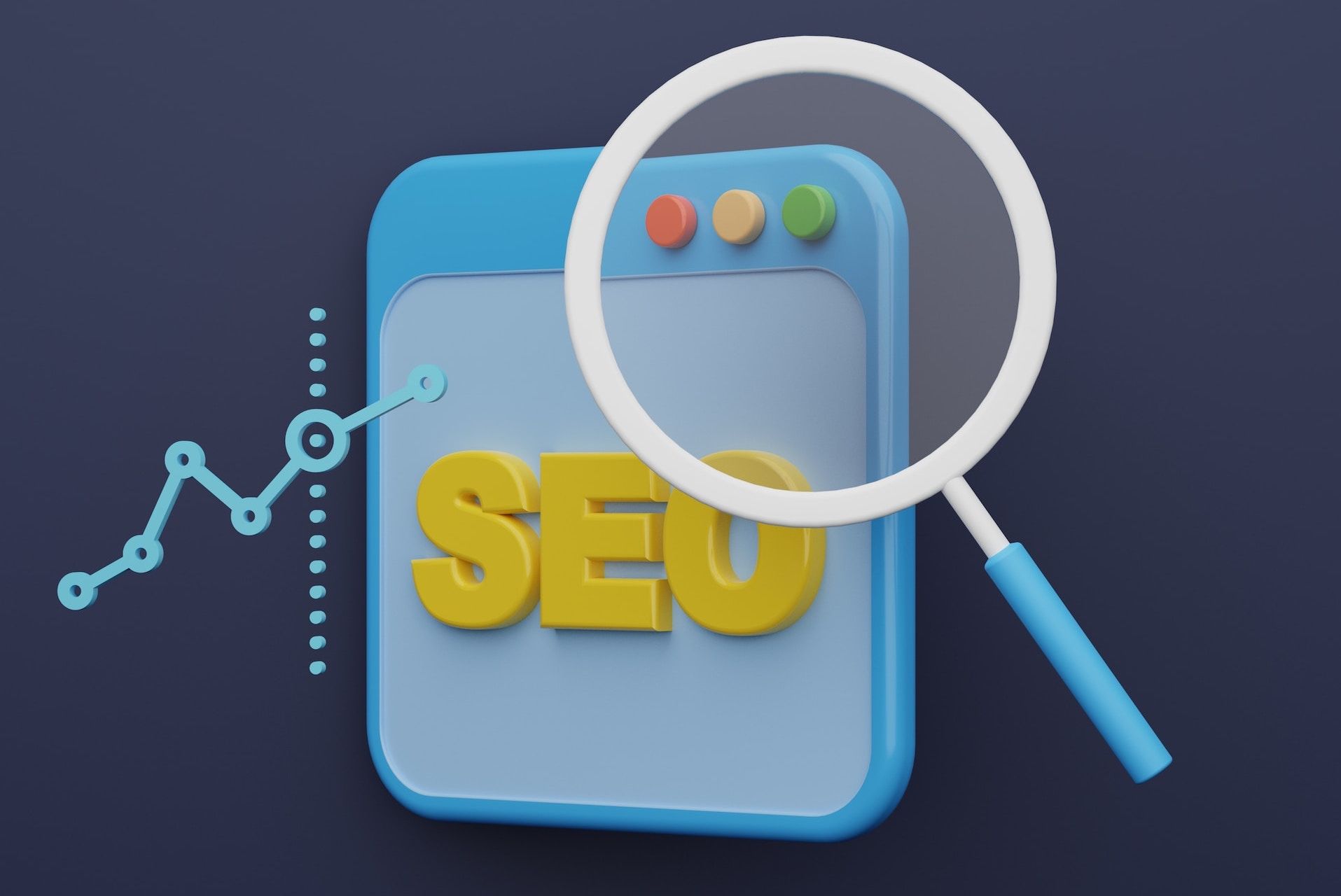 A magnifying glass is looking at a website with the word seo on it.