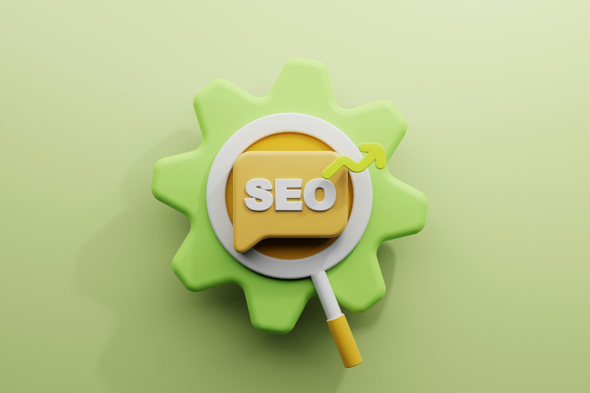 A 3d rendering of a gear with a magnifying glass and a speech bubble that says seo.