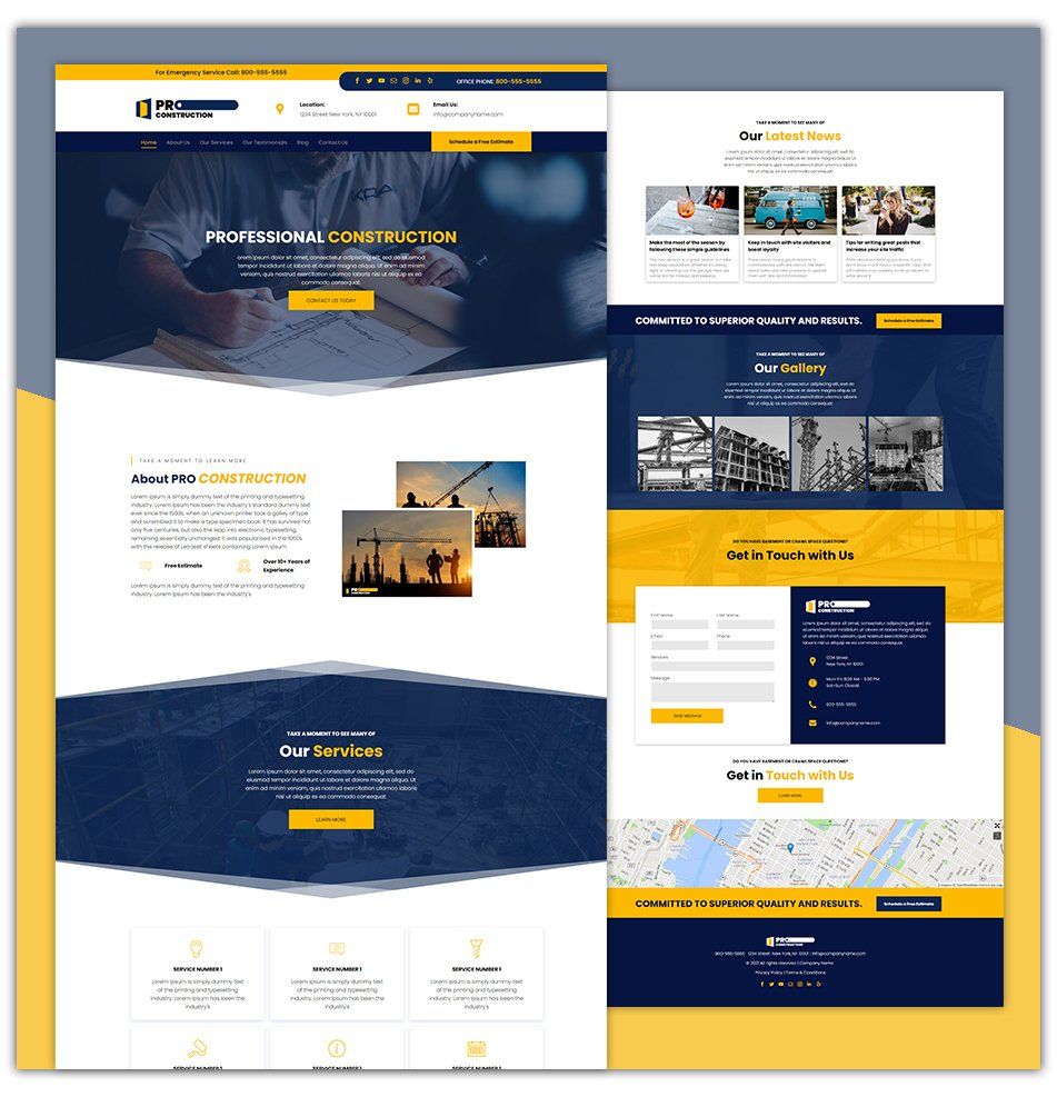 A blue and yellow website for a construction company