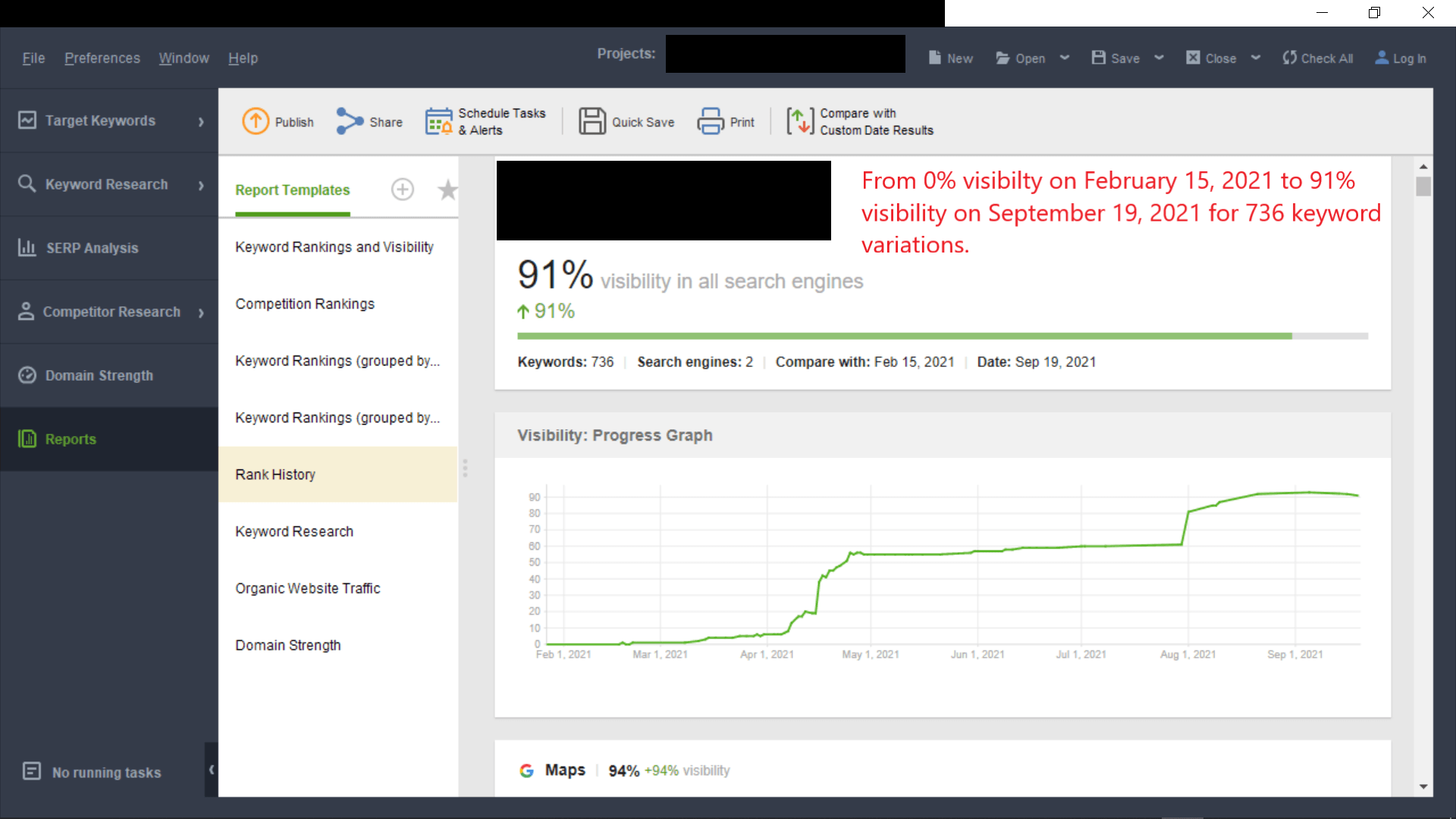 A computer screen shows a graph showing a growth of 91 %