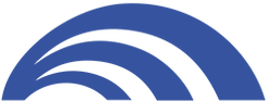 Blue abstract arc logo on a white background