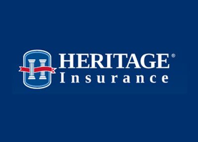 Heritage Insurance logo on a blue background with white text and red emblem