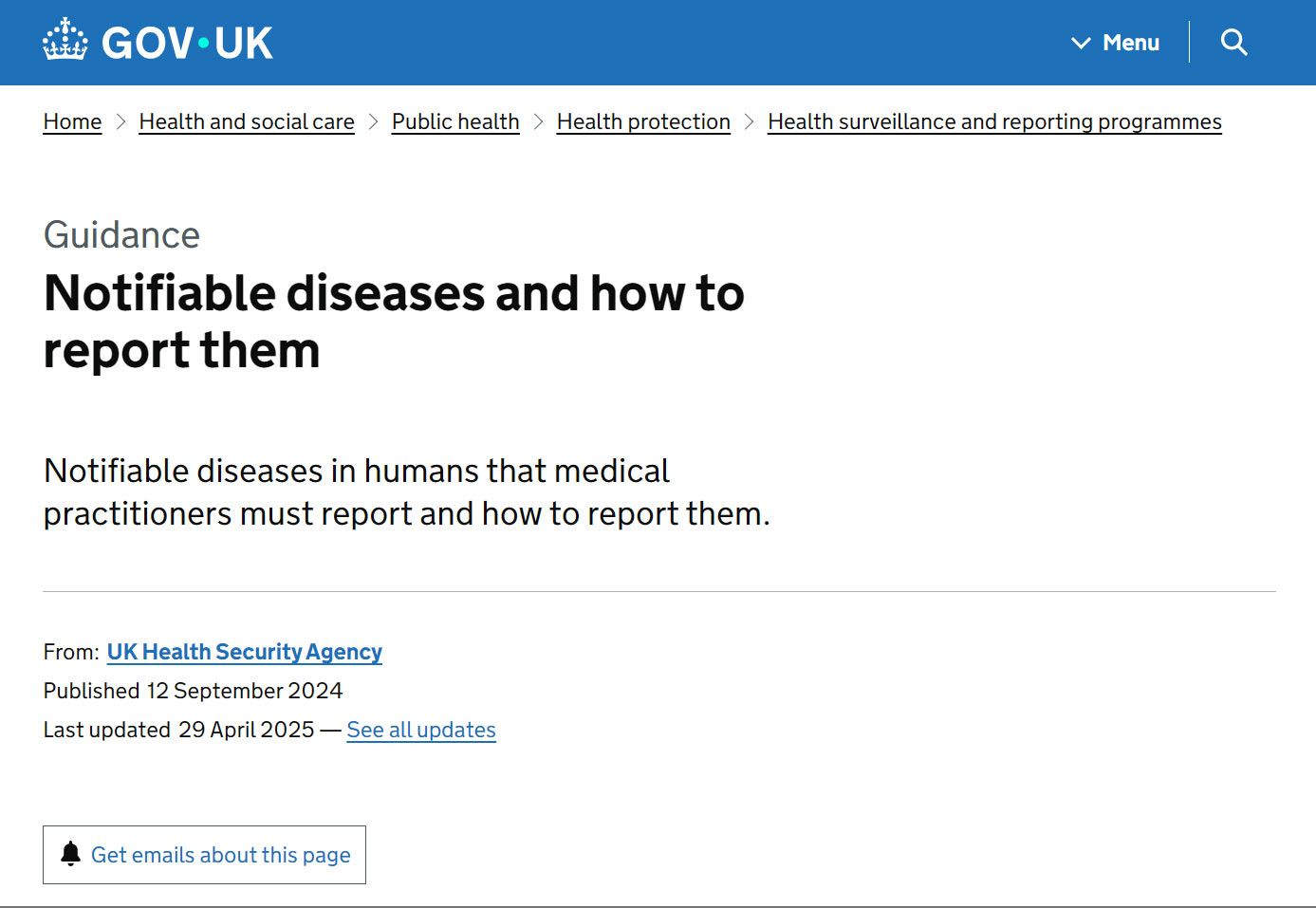 'Surveillance and reporting programmes' by the United Kingdom Health Security Agency (UKHSA): 'Notifiable diseases and how to report them'.