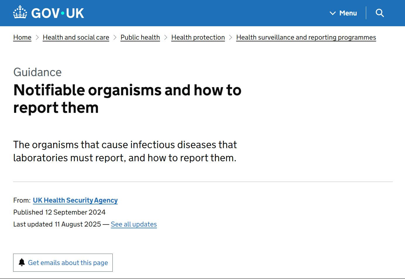 'Surveillance and reporting programmes' by the United Kingdom Health Security Agency (UKHSA): 'Notifiable organisms and how to report them'.
