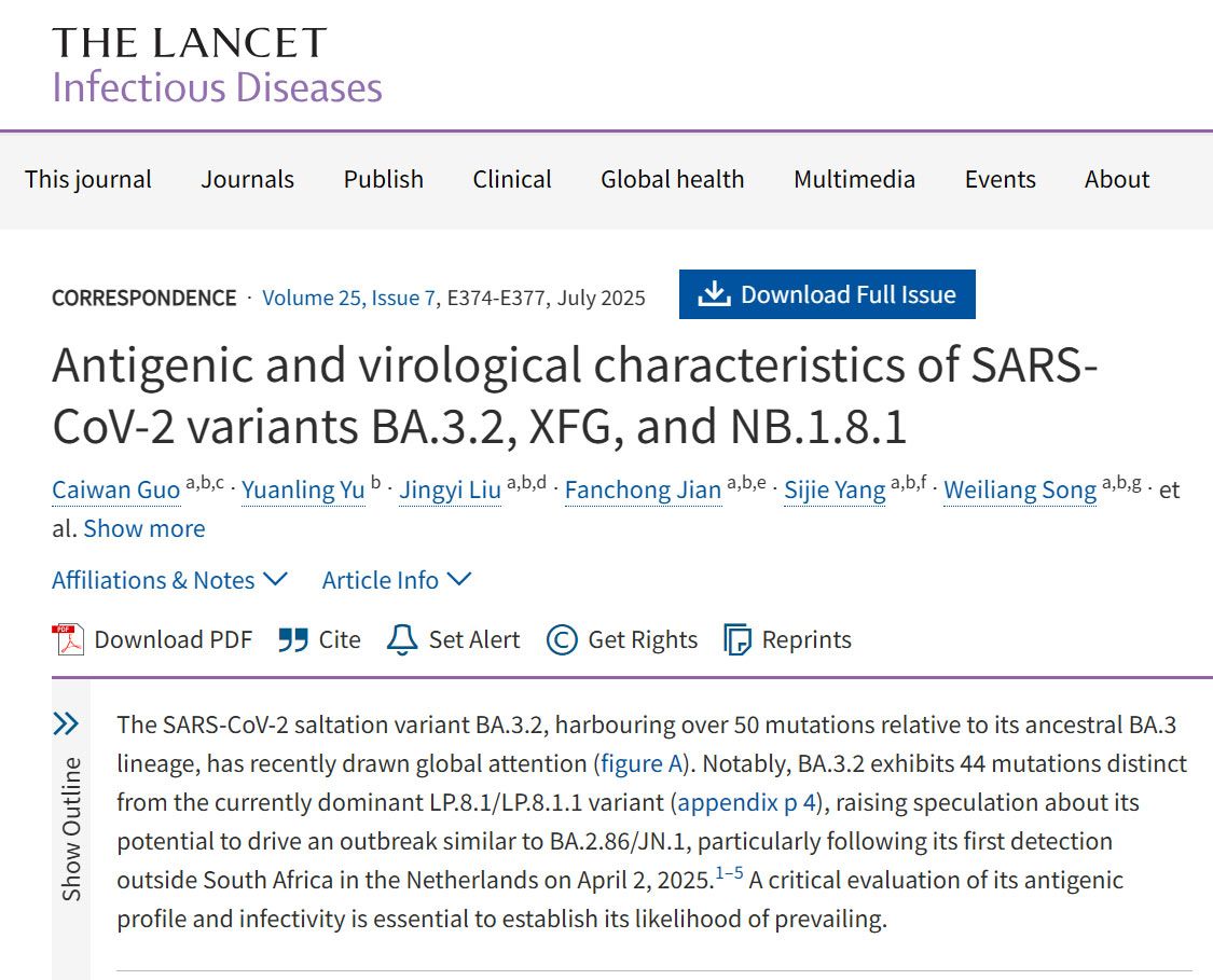 The Lancet ~ Microbe: Host cell entry and neutralisation sensitivity of SARS-CoV-2 BA.3.2 by Zhang et al (3 Jun 2025)