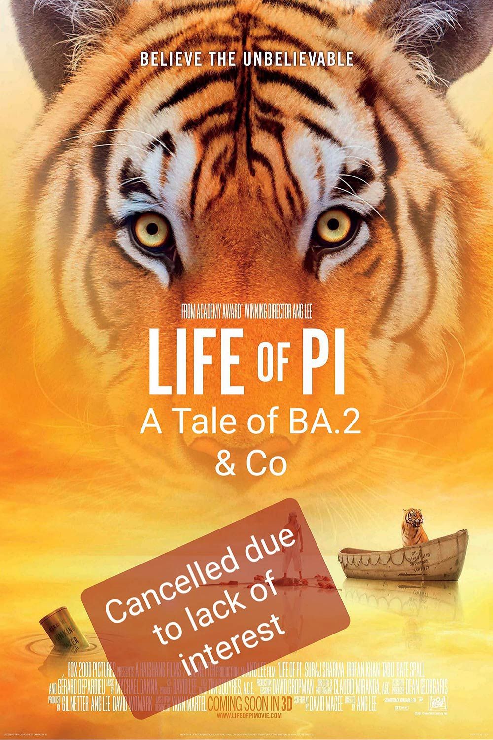 'Believe The Unbelievable': A doctored image of the film poster for 'Life of Pi' showing a tiger's face, and comparing it to the Greek letter Pi to describe a future COVID-19 'Variant of Concern' (VOC).