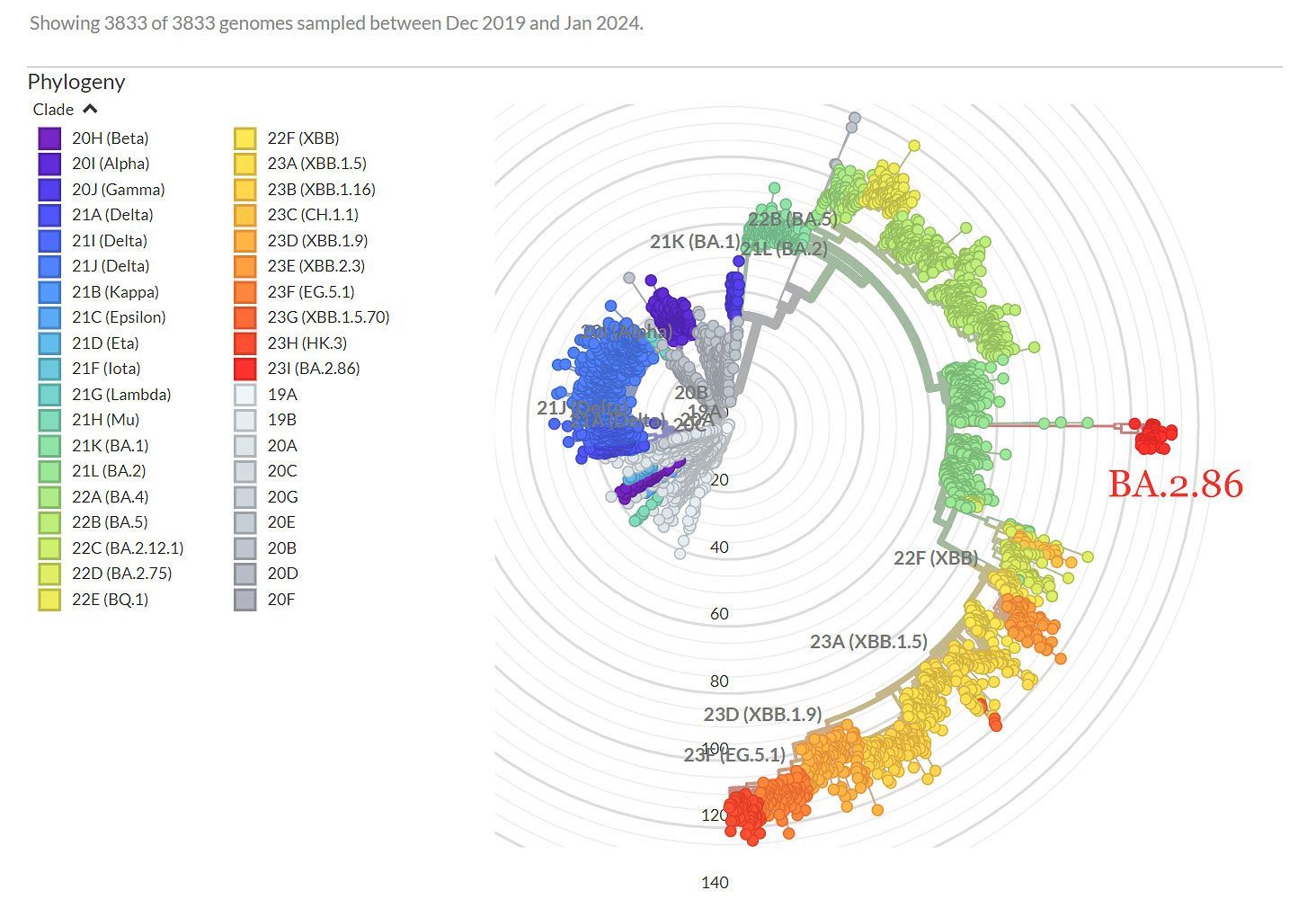 Genomic mapping of SARS-CoV-2 / COVID-19 variants and subvariants for 2020, 2021, 2022, 2023, 2024.