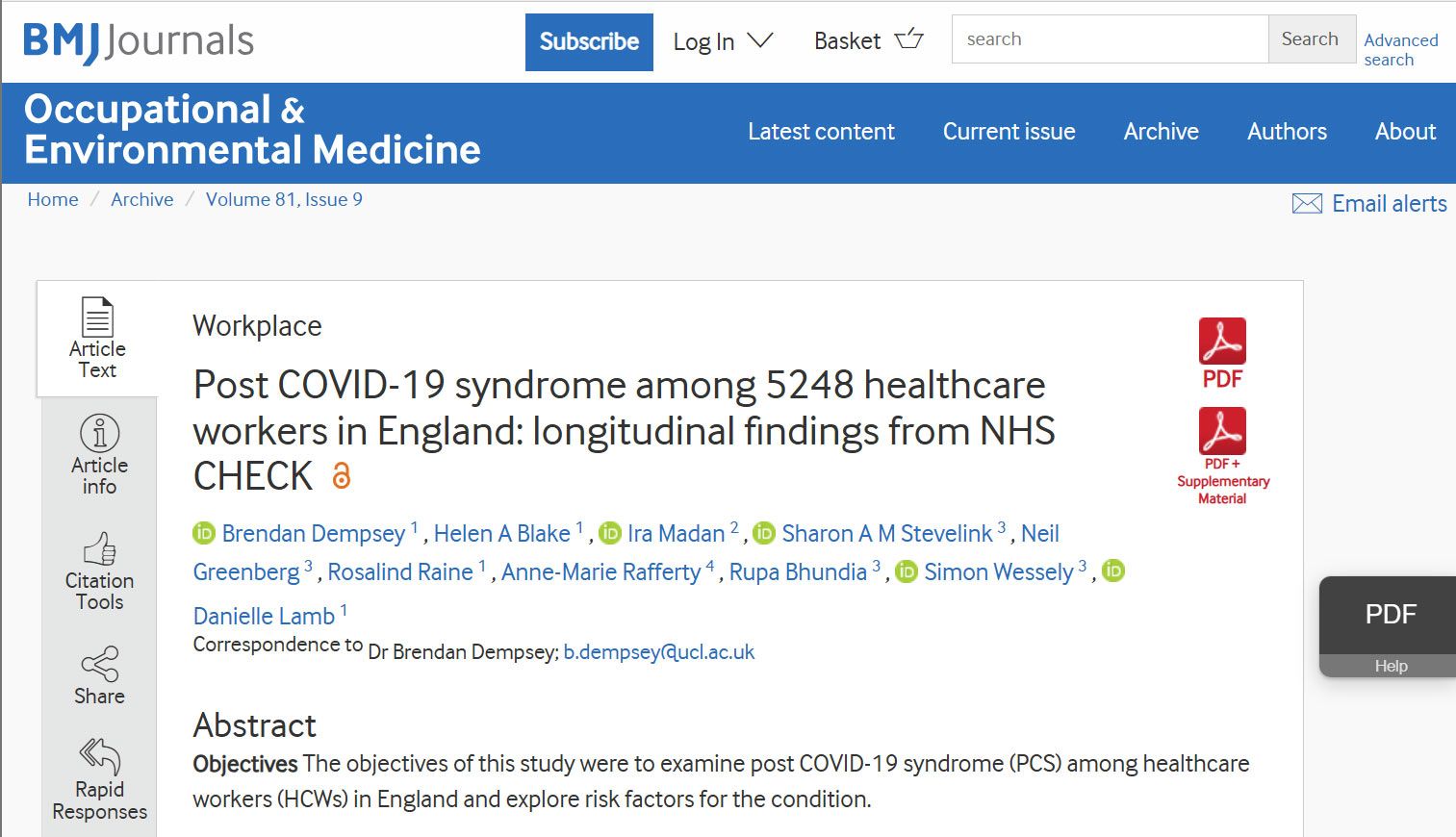 Post-COVID-19 syndrome among 5248 healthcare workers in England: Longitudinal findings from NHS CHECK. By Dempsey et al / Occupational and Environmental Medicine.