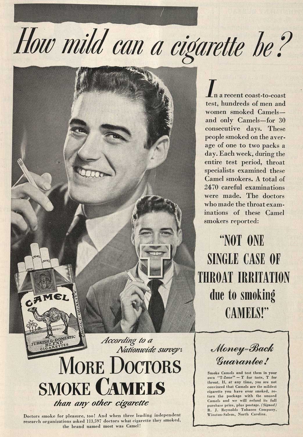 A doctor poses in an advert for Camel cigarettes and asks, 