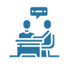 Two people at a desk, one speaking with a speech bubble, blue icon.