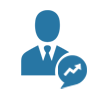 Blue icon: Businessperson with speech bubble showing upward trend.