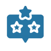 Blue speech bubble with three stars, indicating a review or rating.