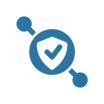 Blue icon: shield with checkmark, connected by lines and circles, suggesting security.