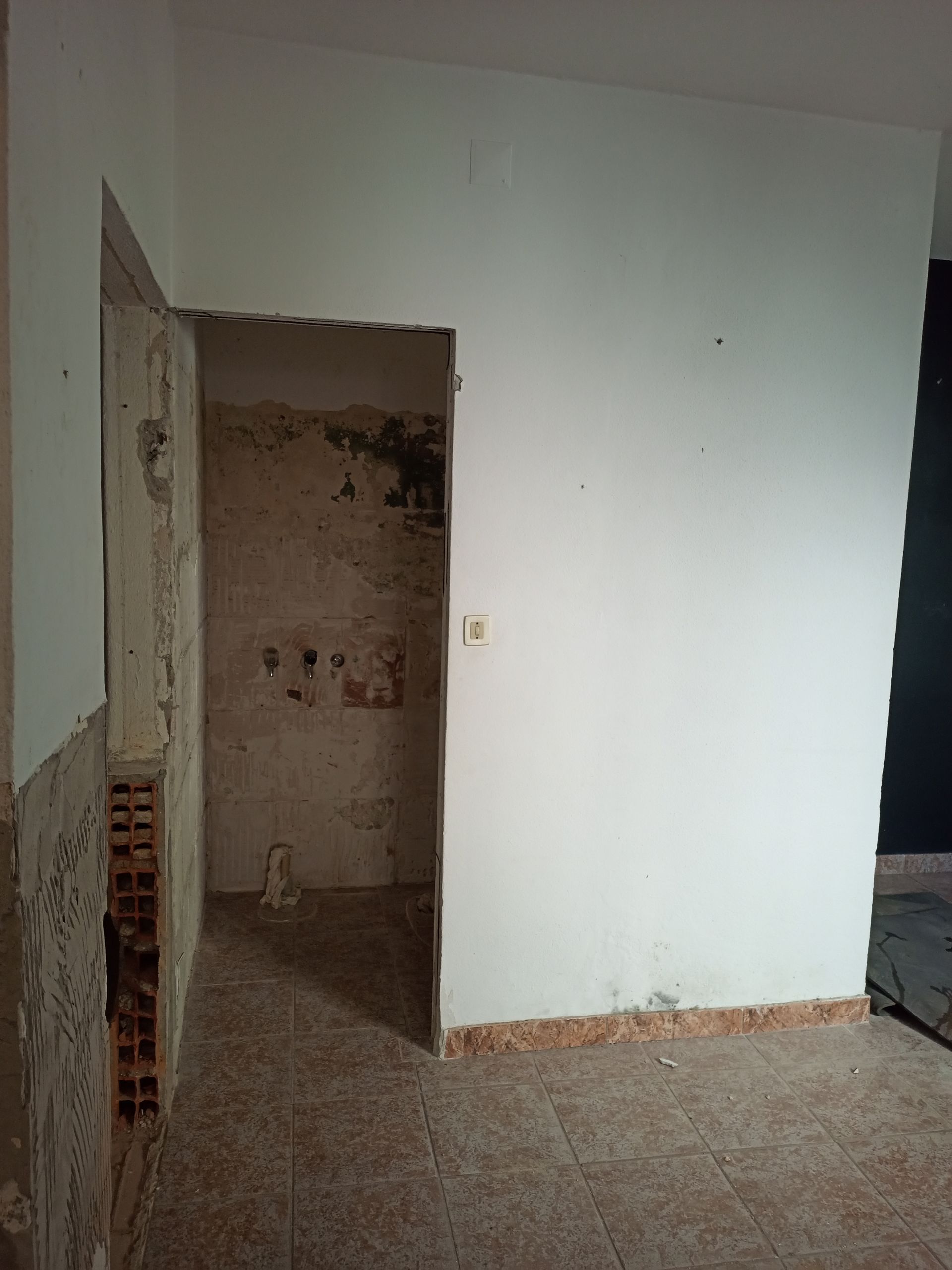 Uma porta que dá acesso a um pequeno cômodo; tinta descascando, tijolos aparentes e paredes danificadas.