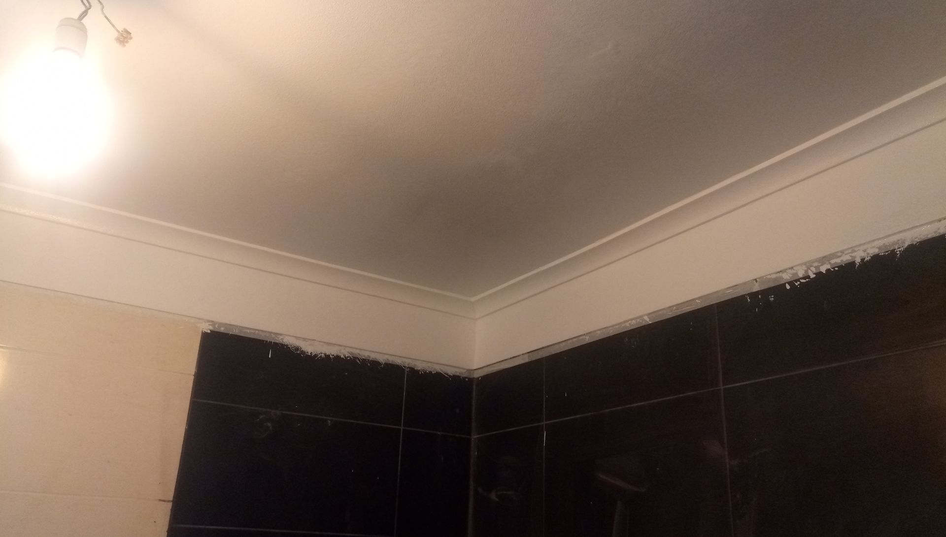 Canto de um banheiro com moldura branca no teto e parede revestida com azulejos pretos.