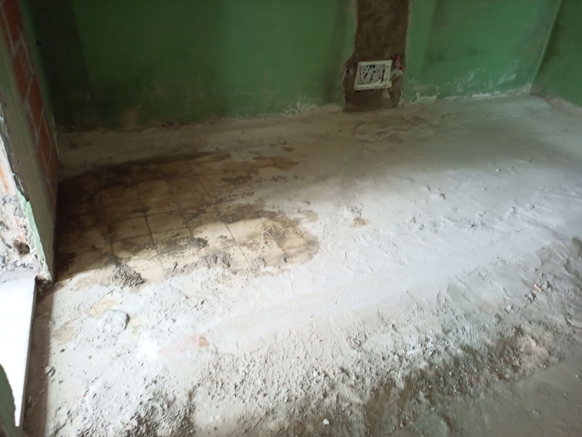 Um cômodo com piso de concreto, manchas de terra e paredes verdes. A porta fica à esquerda.