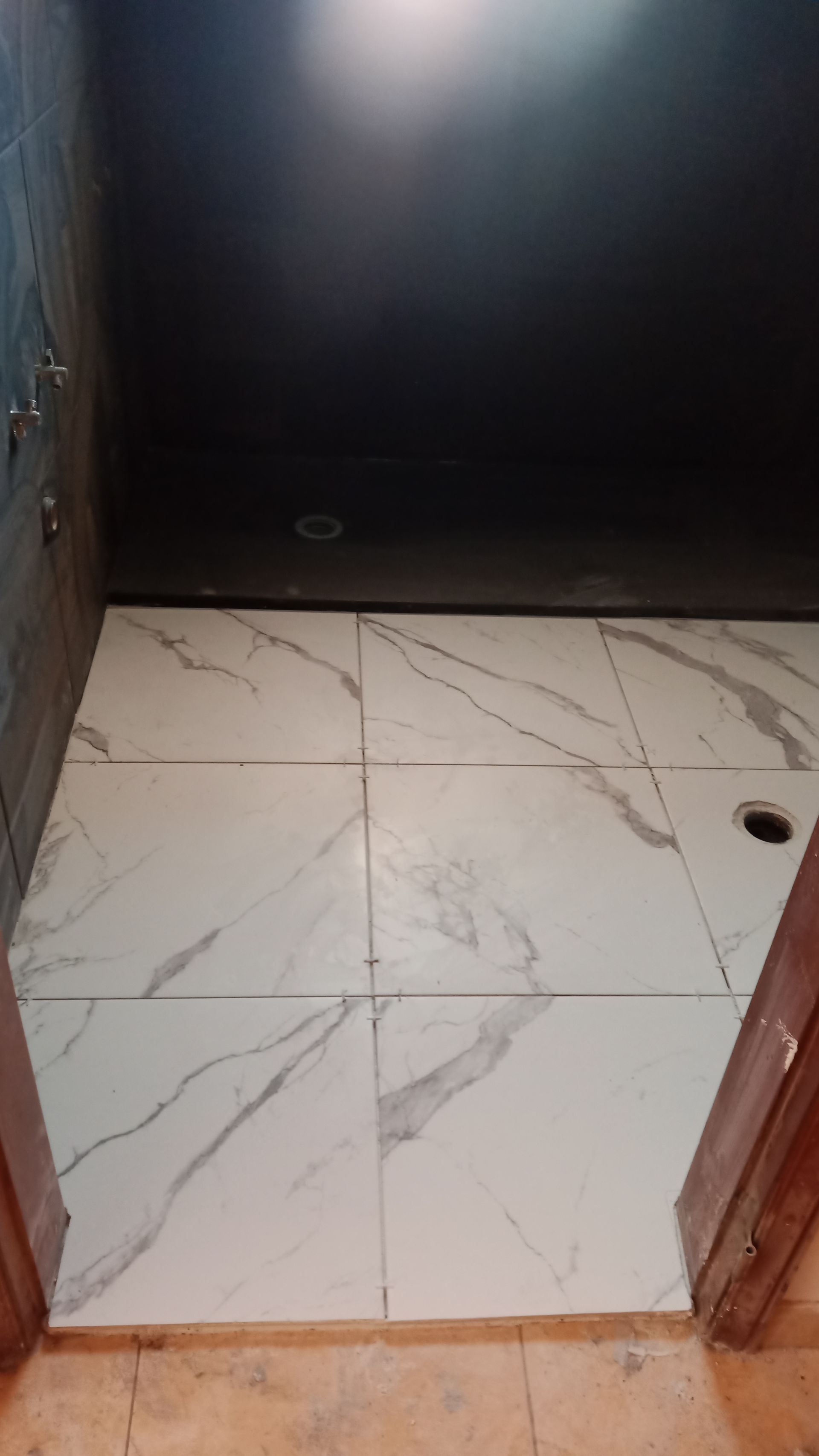 Interior do banheiro: piso de mármore branco, teto cinza escuro, batente de porta de madeira, chuveiro à esquerda.