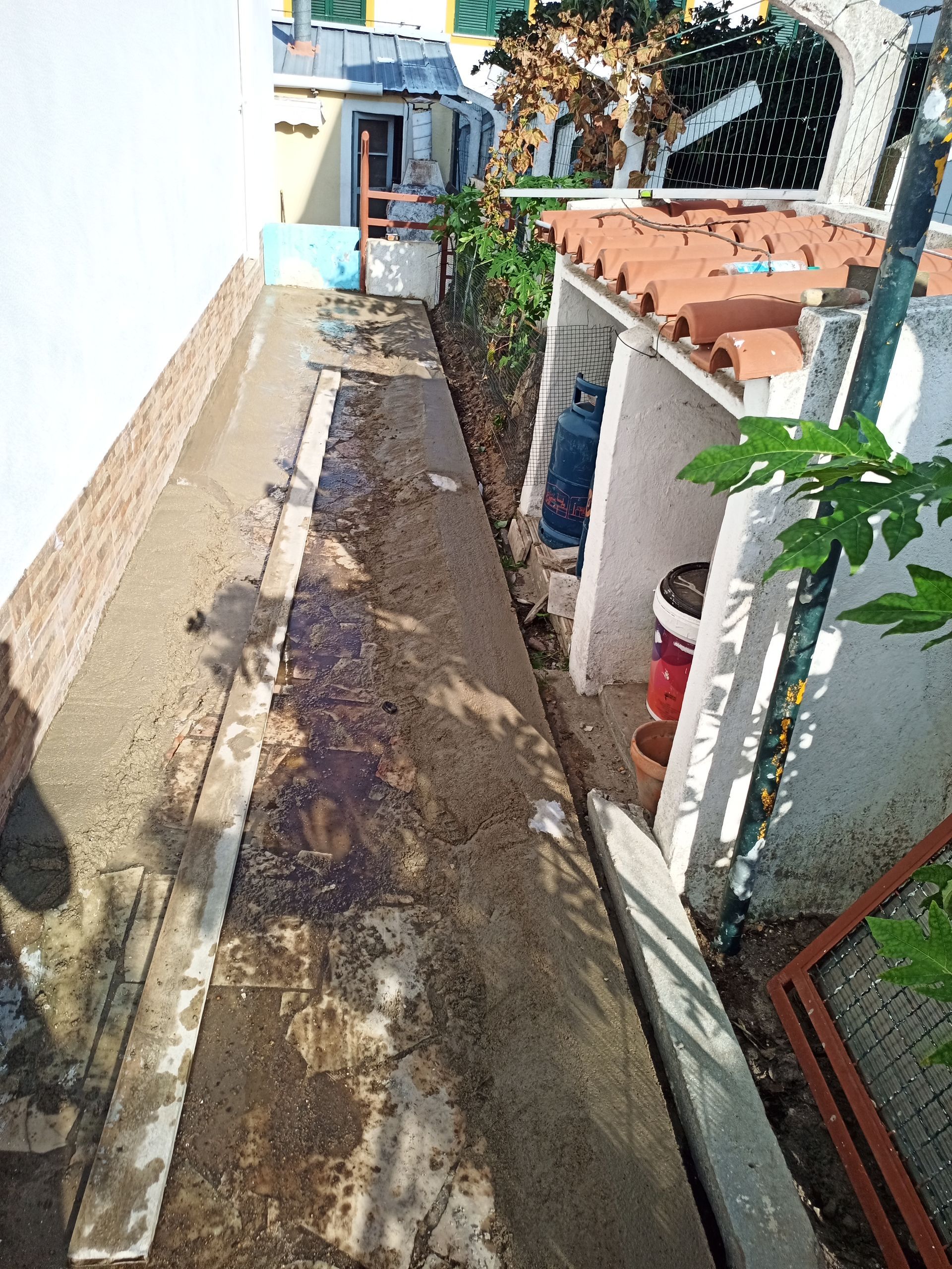 Cocho de concreto junto a um edifício e muro. Parcialmente coberto por um telhado de telhas, com tanques e vasos nas proximidades.