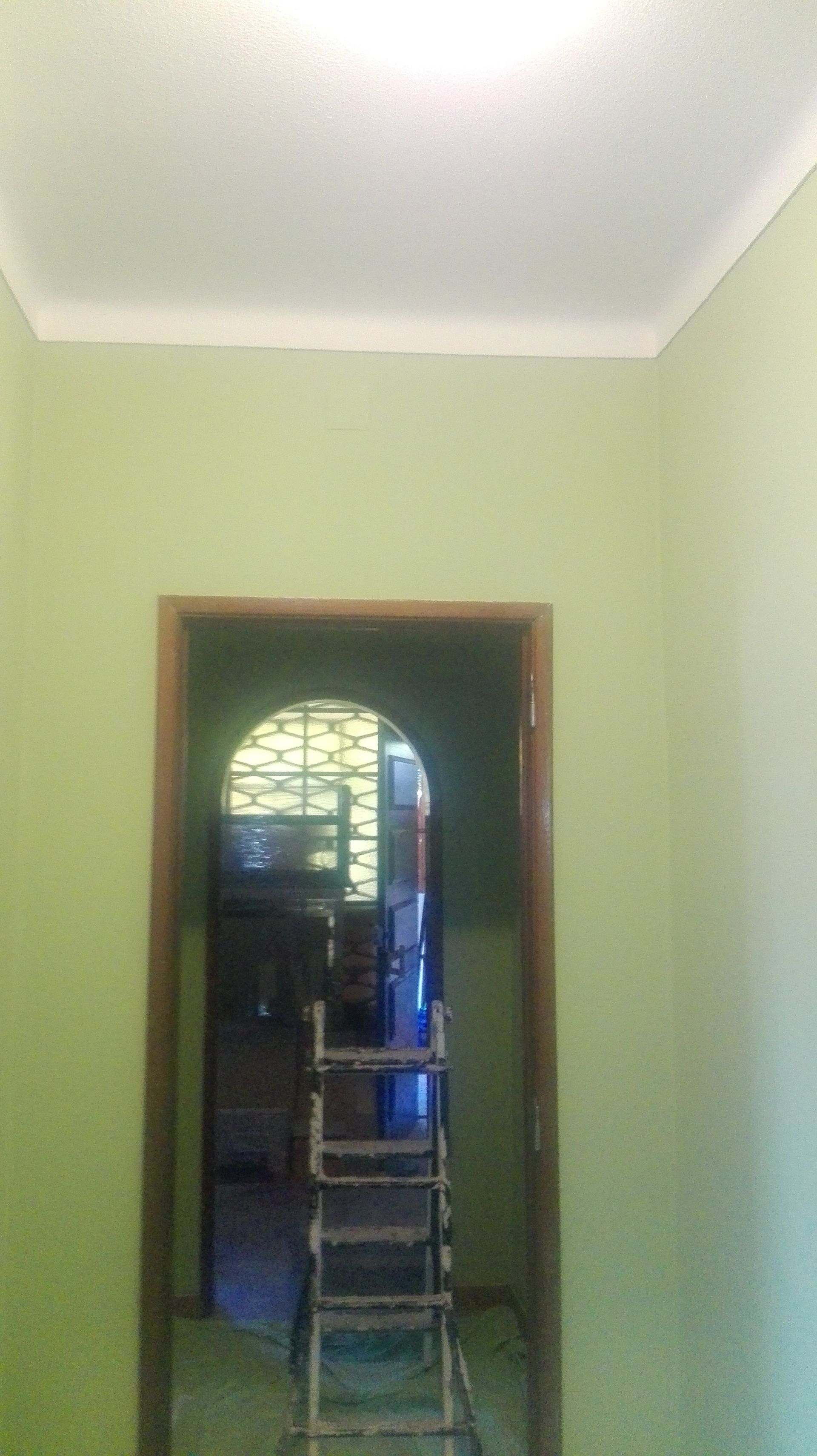Quarto pintado de verde com porta; escada dentro da porta, teto e molduras brancas.