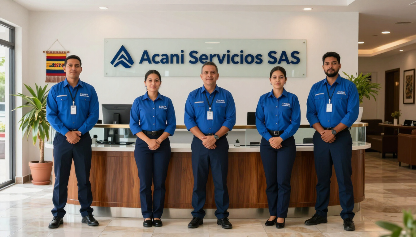 Cinco empleados con uniformes azules posan en el vestíbulo de una oficina con un letrero de Acani Servicios SAS detrás.