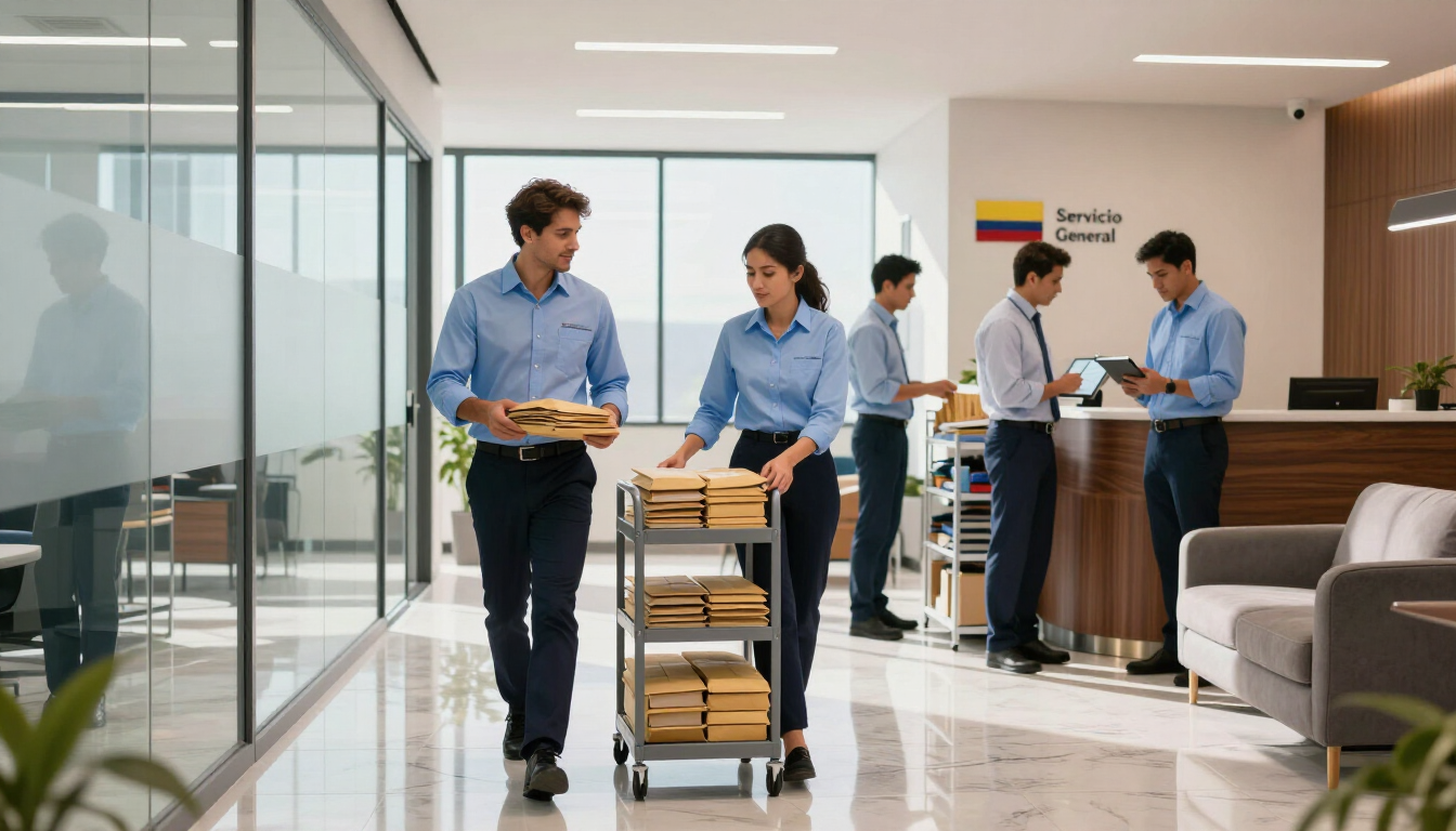 Empleados de oficina trasladan cajas y un carrito a través de un vestíbulo luminoso y moderno, mientras sus compañeros conversan en la recepción.