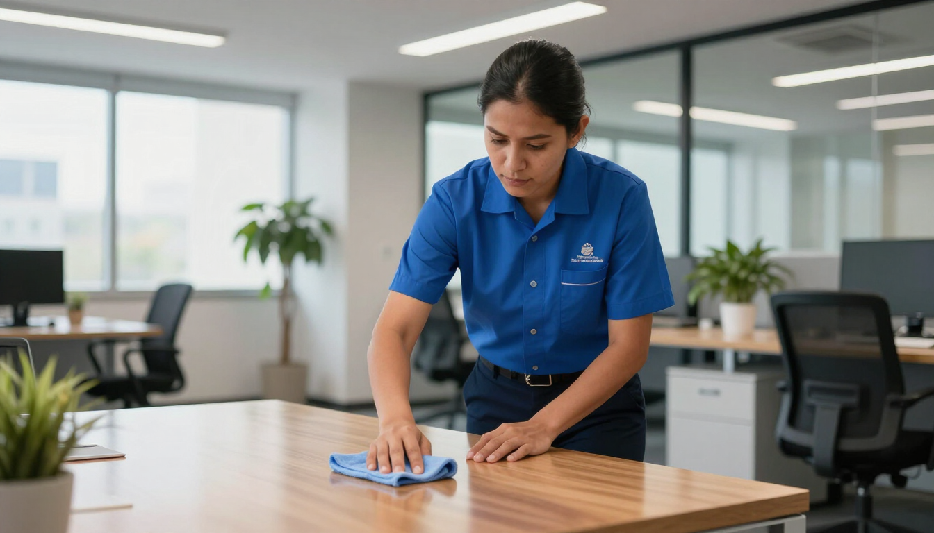 Trabajador limpiando un escritorio de madera con un paño azul en un espacio de trabajo moderno y luminoso.