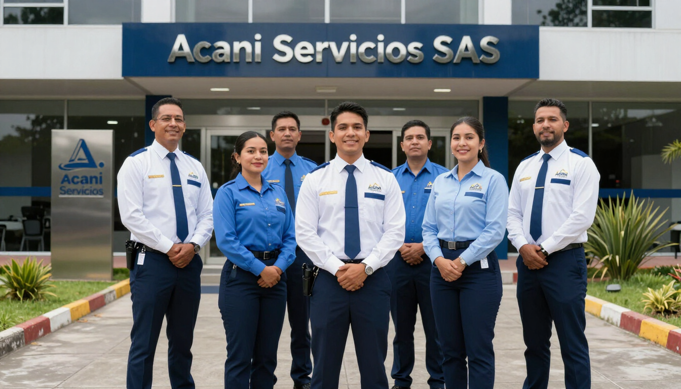Siete empleados uniformados posan frente a la entrada de Acani Servicios SAS.
