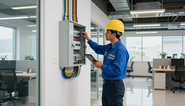 Electricista con uniforme azul y casco amarillo inspeccionando un panel de disyuntores en una oficina.