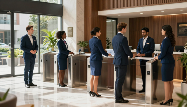 Personas haciendo fila en la recepción de una oficina moderna, conversando con el personal.