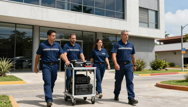 Cuatro socorristas con uniformes de la marina empujan un carrito médico fuera de un edificio.