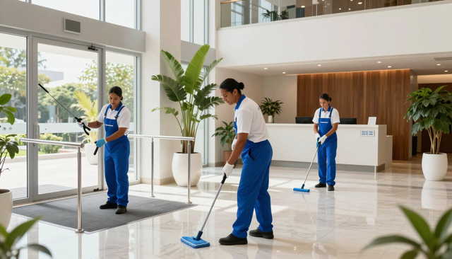 Tres conserjes con uniformes azules fregan el suelo de un luminoso vestíbulo de oficinas con grandes ventanales y plantas.