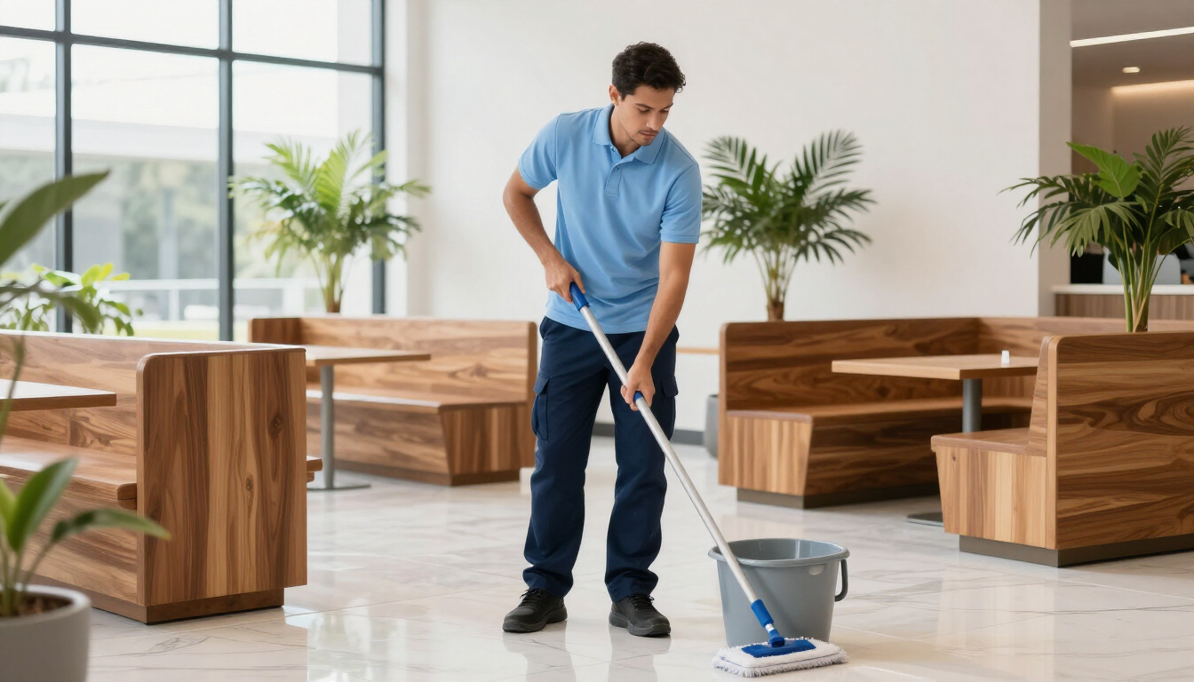 Un hombre frega el suelo de una oficina luminosa, junto a mesas de madera y macetas con plantas.