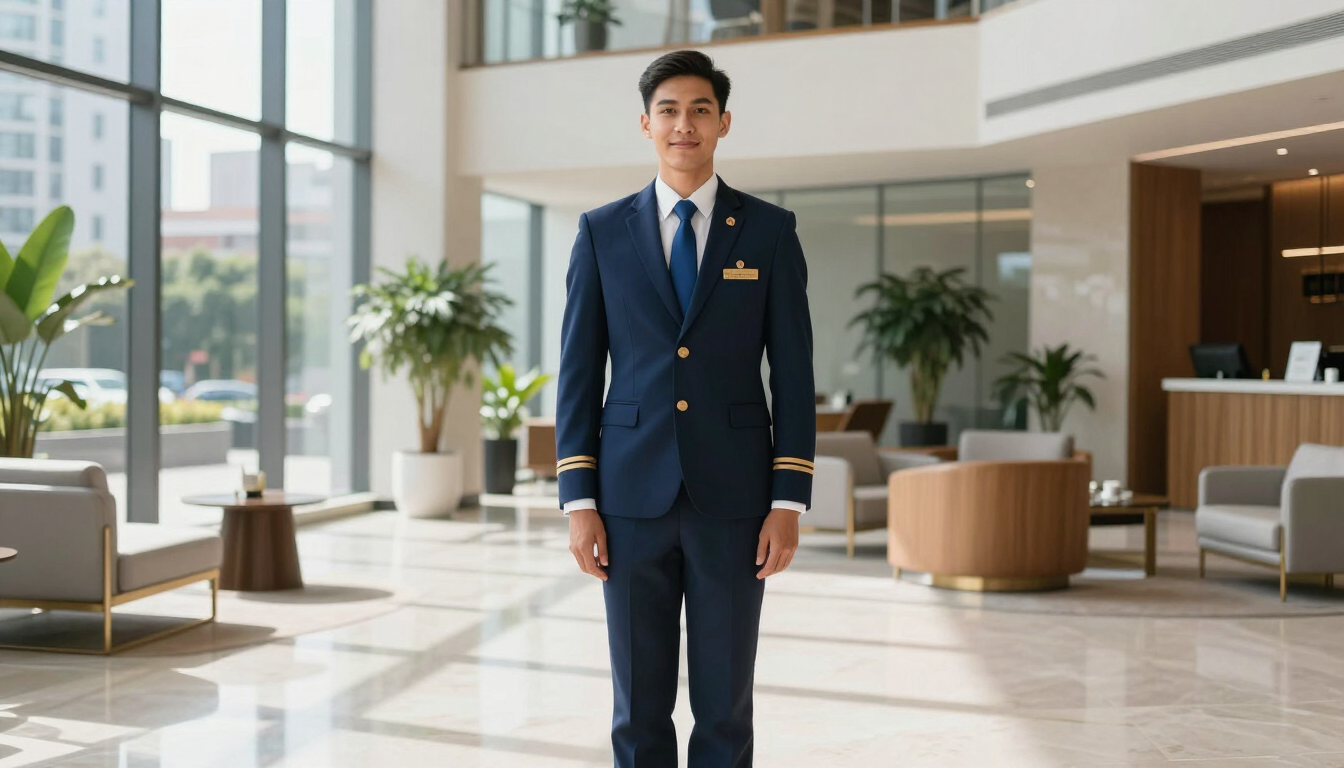 Vestíbulo del hotel con un hombre de traje azul marino de pie cerca del centro, interior moderno y luminoso detrás de él.