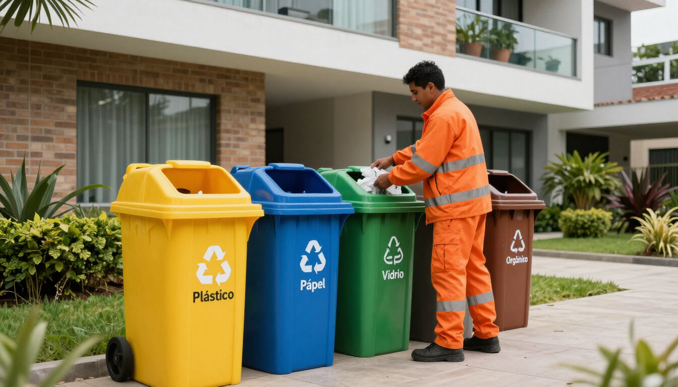 Un trabajador con uniforme naranja clasifica la basura en contenedores de reciclaje codificados por colores frente a un edificio de apartamentos.