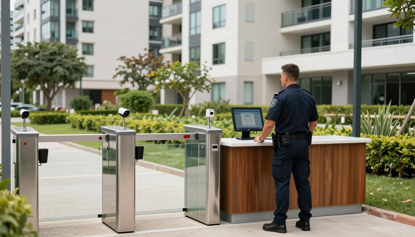 Un guardia de seguridad con una computadora portátil en la caseta de entrada de una residencia se encuentra junto a edificios de apartamentos.