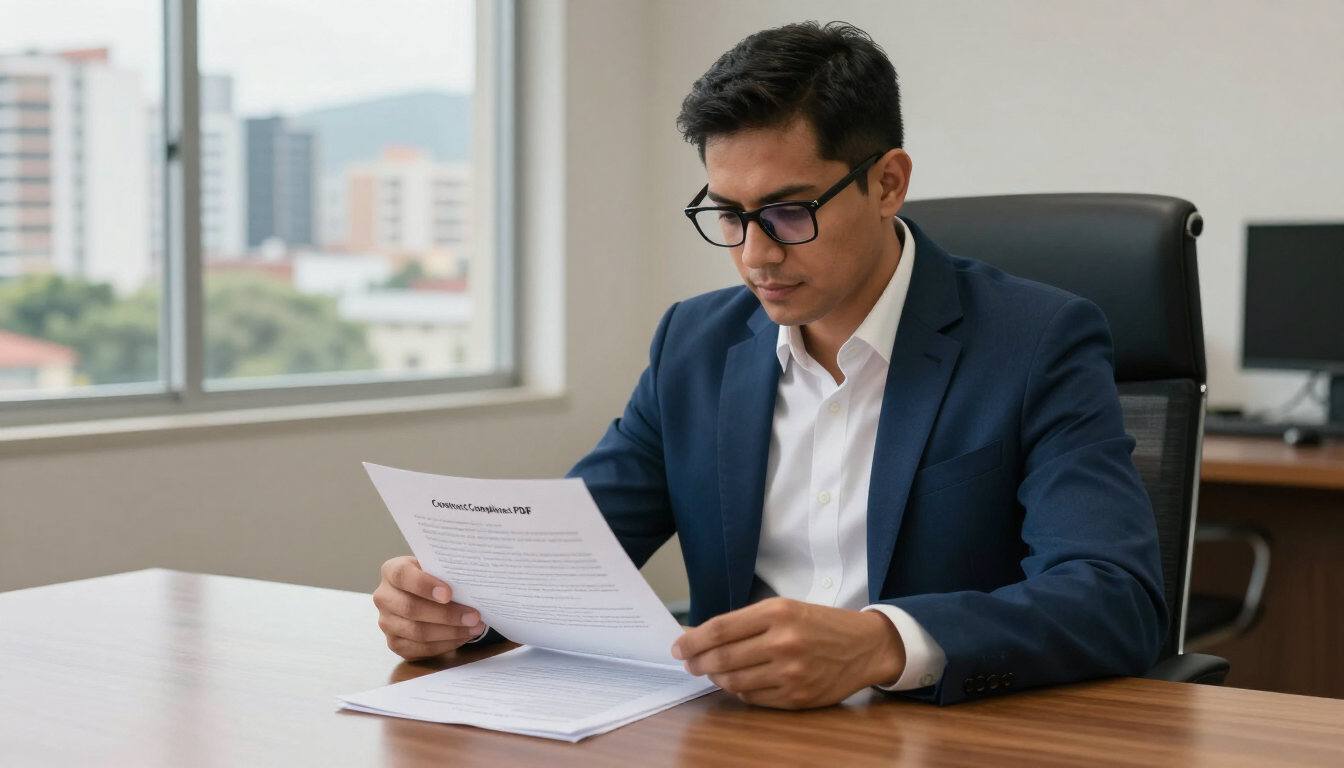 Hombre con traje azul leyendo un documento en un escritorio en una oficina luminosa con ventanas que muestran la ciudad detrás de él.