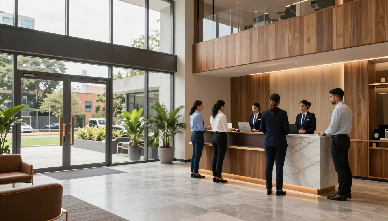 Mostrador de recepción del hotel con varios huéspedes y personal de pie cerca de grandes ventanales.