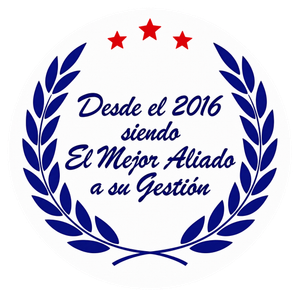 Logo azul y rojo con la frase “Desde el 2016 siendo El Mejor Aliado a su Gestión” y laureles