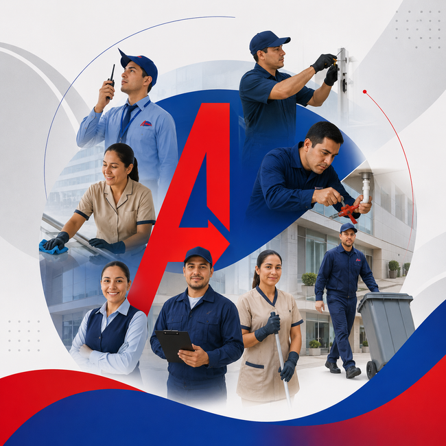 Collage de trabajadores de reparación y servicio uniformados con herramientas alrededor de un gran logotipo rojo con la letra 
