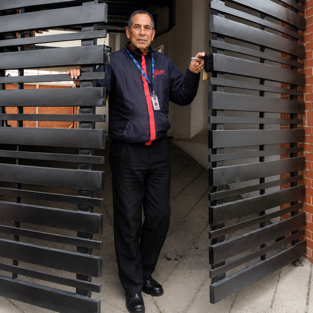 Un hombre se encuentra de pie en el umbral de una puerta entre rejas oscuras de listones, manteniendo ambos lados abiertos, y viste una chaqueta oscura con detalles rojos.