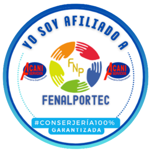 Insignia circular azul y blanca de FENALPORTEC con manos coloridas, “Yo soy afiliado a” y “#conserjería100% garantizada”