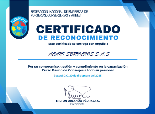Certificado de reconocimiento azul y blanco con logotipo y firma al pie.