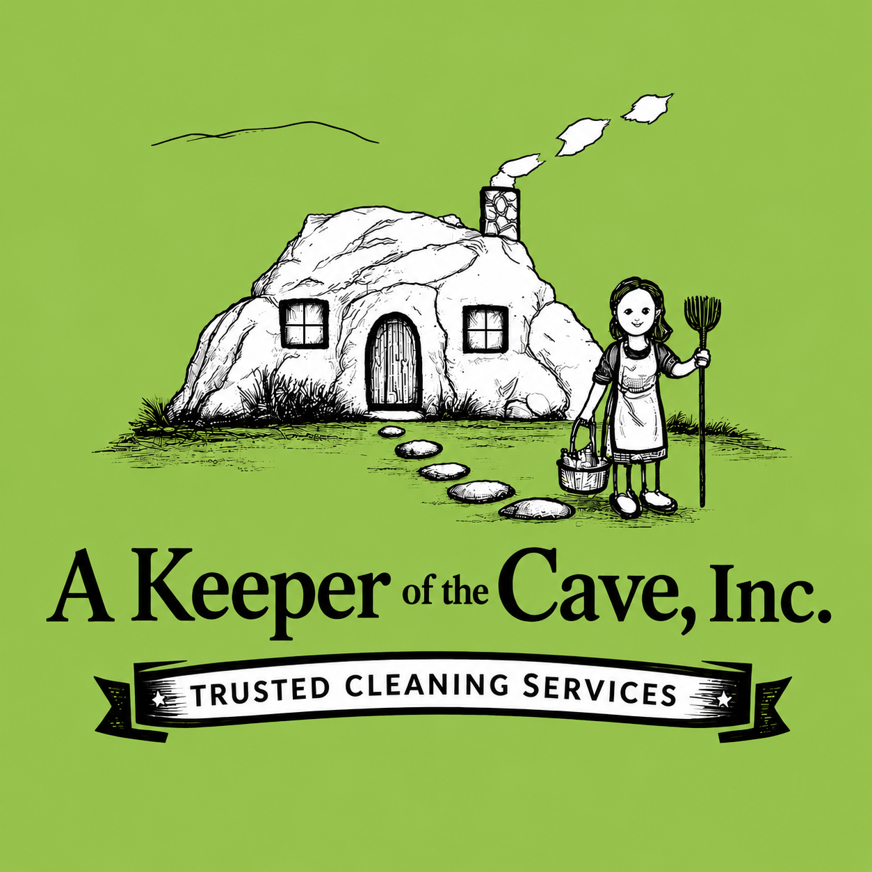 Logo for A Keeper of the Cave, Inc.: cave house with cleaning person and &ldquo;Trusted Cleaning Services&rdquo; banner