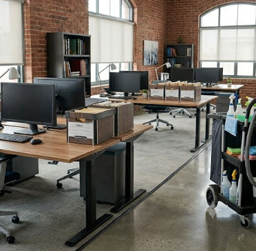 Open office with wooden desks, monitors, brick walls, tall windows, and a cleaning cart.