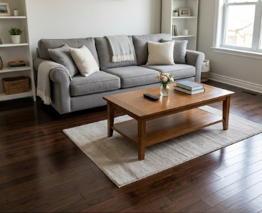 Bright living room with a gray sofa, wooden coffee table, rug, and dark hardwood floors